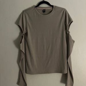 beige grey shoulder cutout long sleeve top